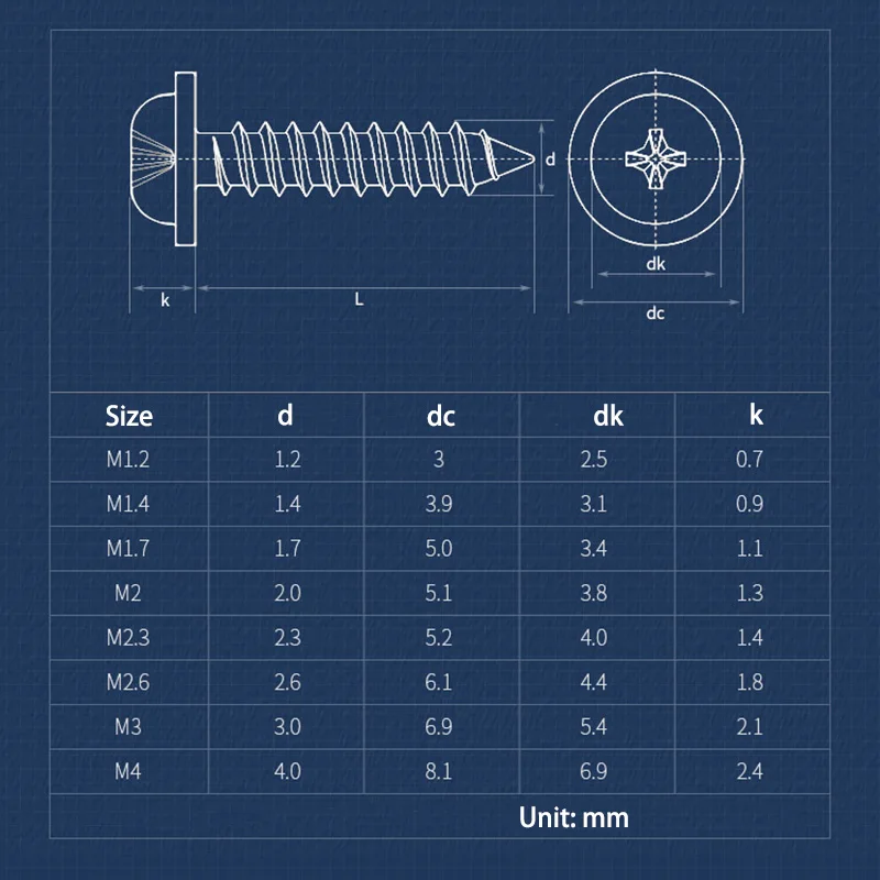 Phillips Round Head Self Tapping Screw M1.2 M1.4 M1.7 M2 M2.3 M2.6 M3 M4 Black Harder Screws With Pads Electronic Small Bolts