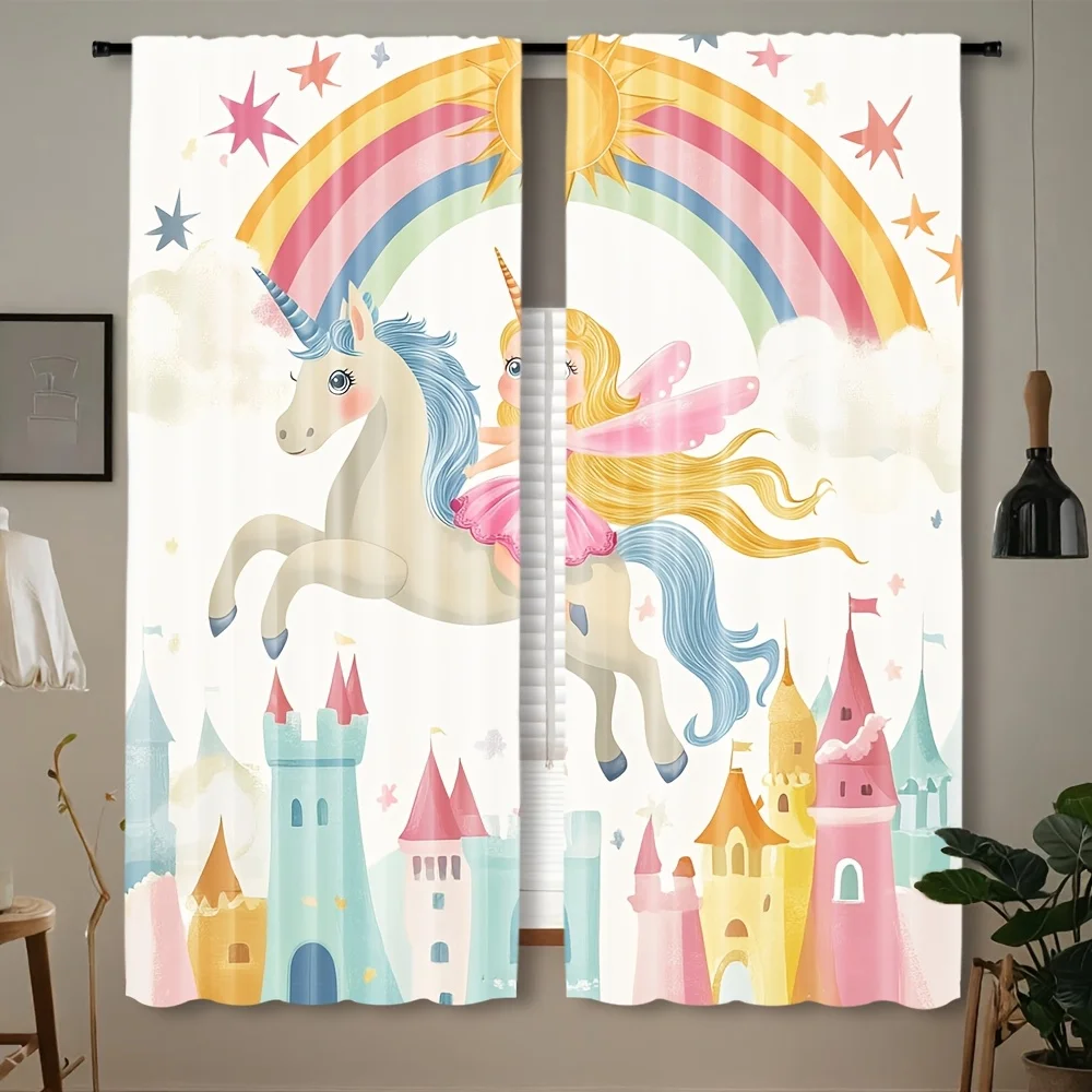 Sweet Pastel Rainbow Unicorn Blackout Rod Pocket Curtain Winged Elf Fairytale Castle Decor Kid Homestay Play Rest Bay Window