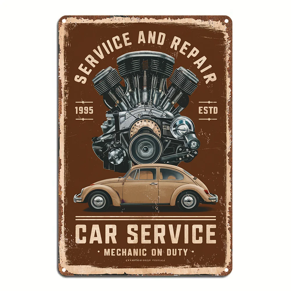 Vintage Car Service & Repair Metal Sign - Aluminum Wall Art Decor with Classic Engine Design, for Garage, Bedroom, Garden - Perf