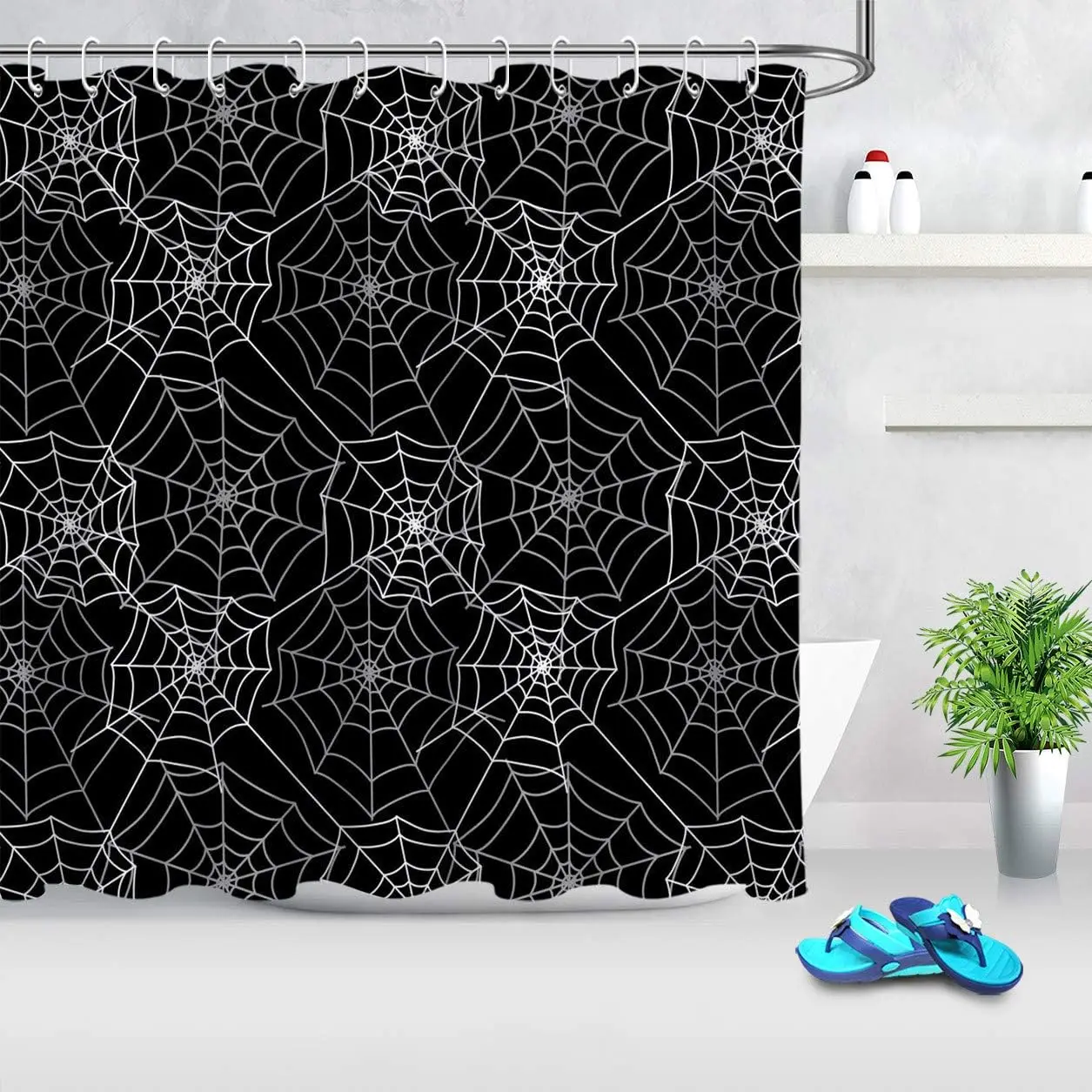 ModernHalloween Spider WebprintingShowerCurtainsWaterproofFabricSolidBathCurtainsForBathroomBathtubLargeWideBathingCover