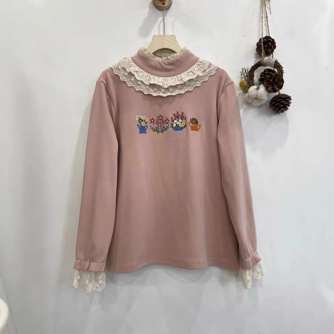 Sweet Mori Girl Lace Embroidery Patchwork Cotton T-Shirts Women Japanese Style Turtleneck Long Sleeve Casual Strecth Tops