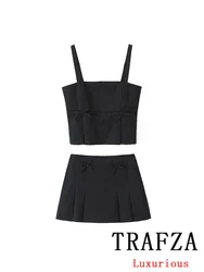 TRAFZA Sexy Chic Solid Black Women Bow Suit Cami Pleat Short Top Zipper Mini Pantskirt New Fashion 2024 Autumn Holiday Suit