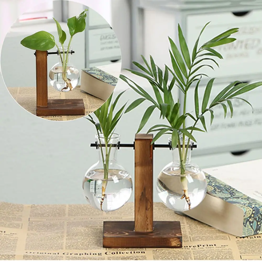 Hydroponic Plant Vases Glass Vase Vintage Bonsai Flower Pot Terrarium Tabletop Tray Wooden Frame Home Decor