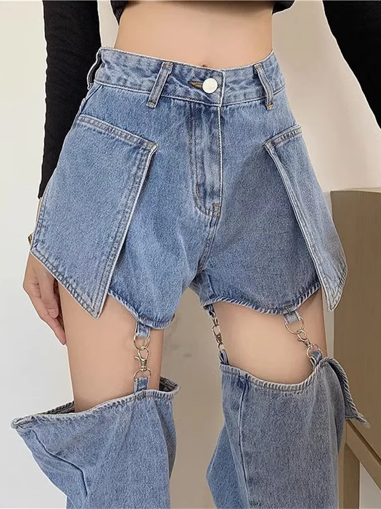 

Spicy Girl Jeans Women's Summer High Waist Straight Tube Pants Loose And Slim Design Feel Pants Detachable Shorts