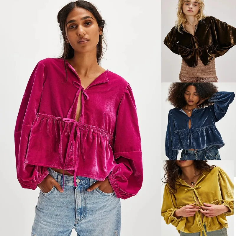 

Women's Clothing Hot Sale Velvet Shirt Independent Store New Style Ladies Sweet Casual Tie Strap Shirt Comfortable Winter Women