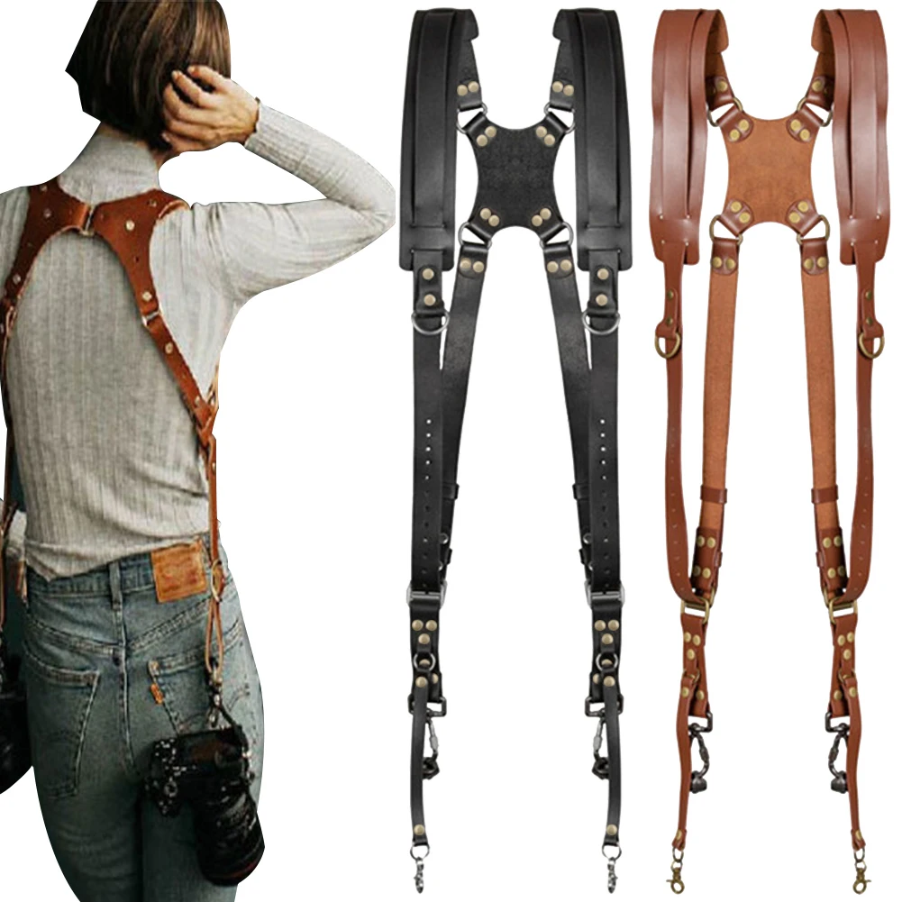 Universal Dual Camera Leather Strap Double Cameras Washable Harness Adjustable Carry Shoulder Straps For DSLR/SLR Cam Accessorie