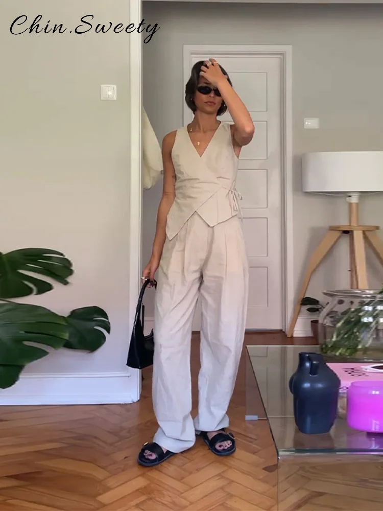 

Fashion Lace Up Vest Trousers Set Women Solid V-neck Sleeveless Tank High Waist Wide Leg Pant 2025 Summer Lady Chic Street Suit