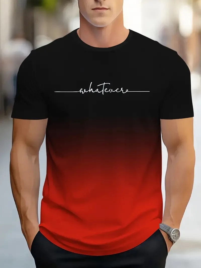 Men's casual round neck short sleeved T shirt with gradient design suitable for sports and daily wear