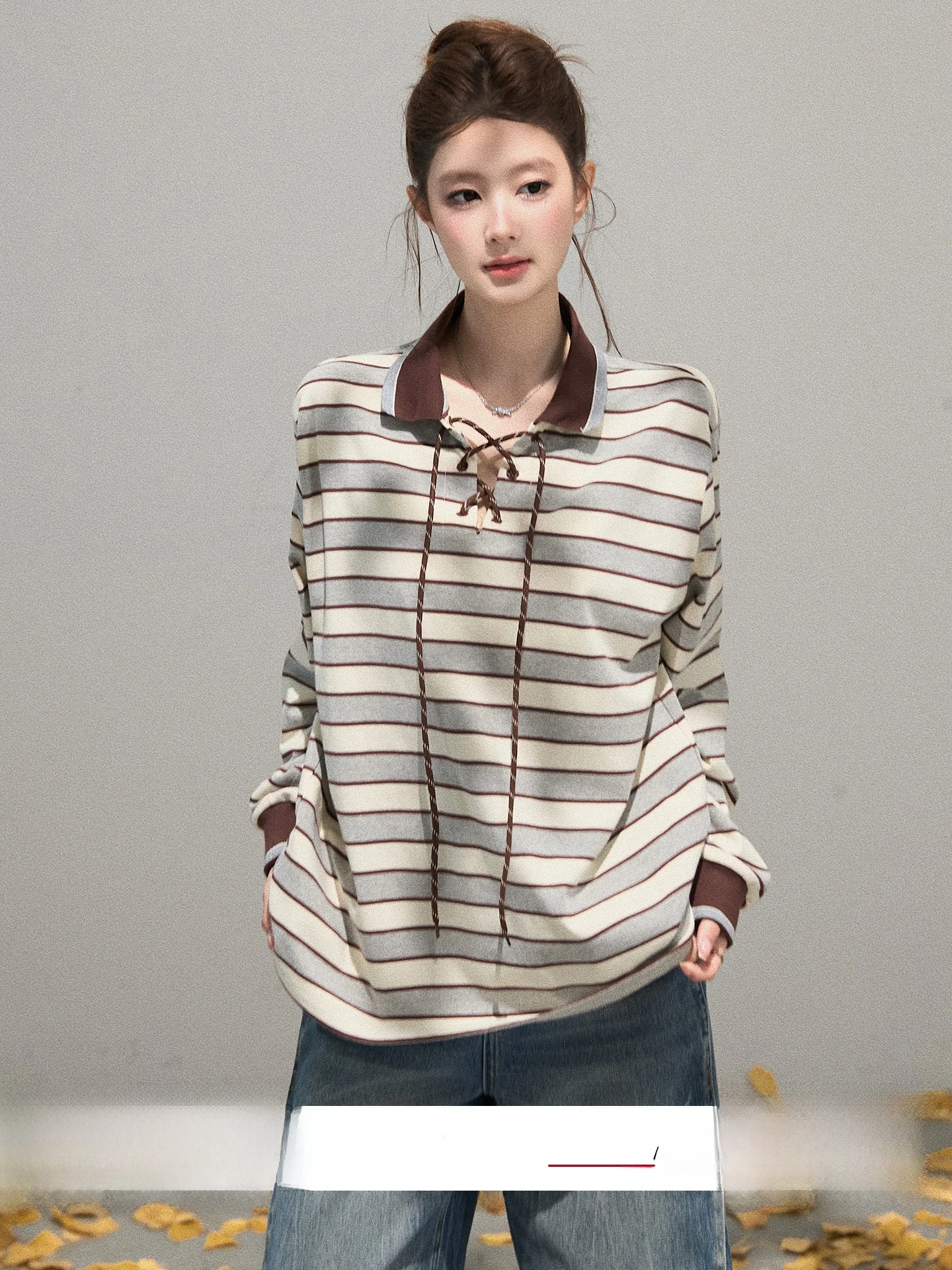 

Повседневная длинная футболка Sve, женская свободная посадка для отдыха, полосатый топ с завязками и воротником, осенняя одежда Lazy Sle Fem, бренд TOUs