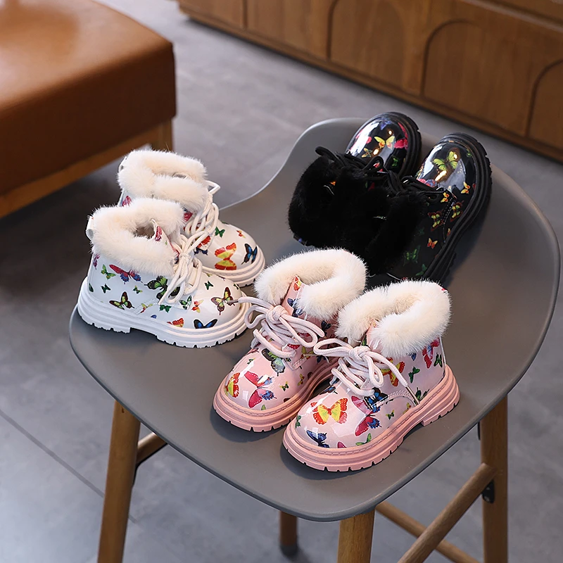 Girl\'s Winter Boots Fluffy Chunky Three Colors Butterfly Kids Short Boot Beautiful Flexiable Warm Lovely Children Shoes 21-30