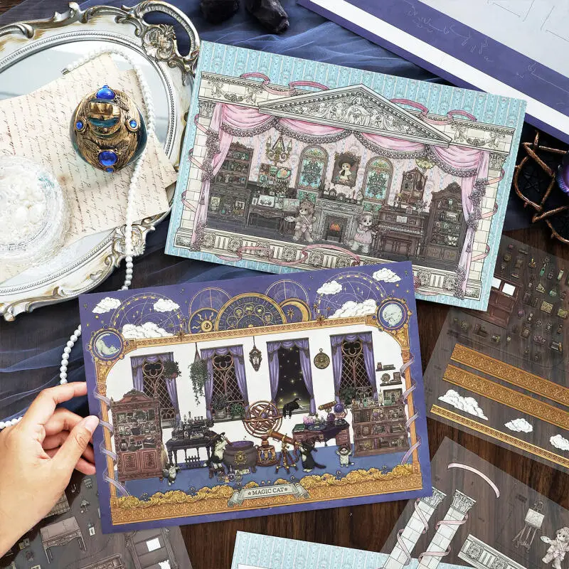 

Card Lover 4 Pcs [Kitten Magic House Series] Puppy Artist Piano Telescope Vintage Landscape Stickers for Journaling Scrapbooking