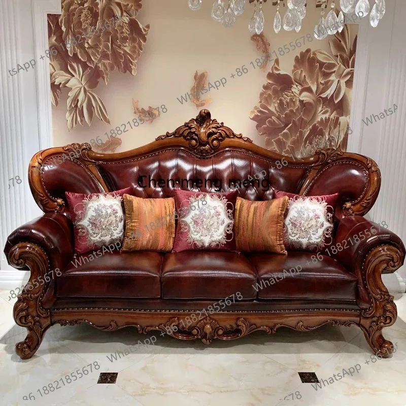 

uropean leather sofa living room American luxury villa palace retro combination solid wood