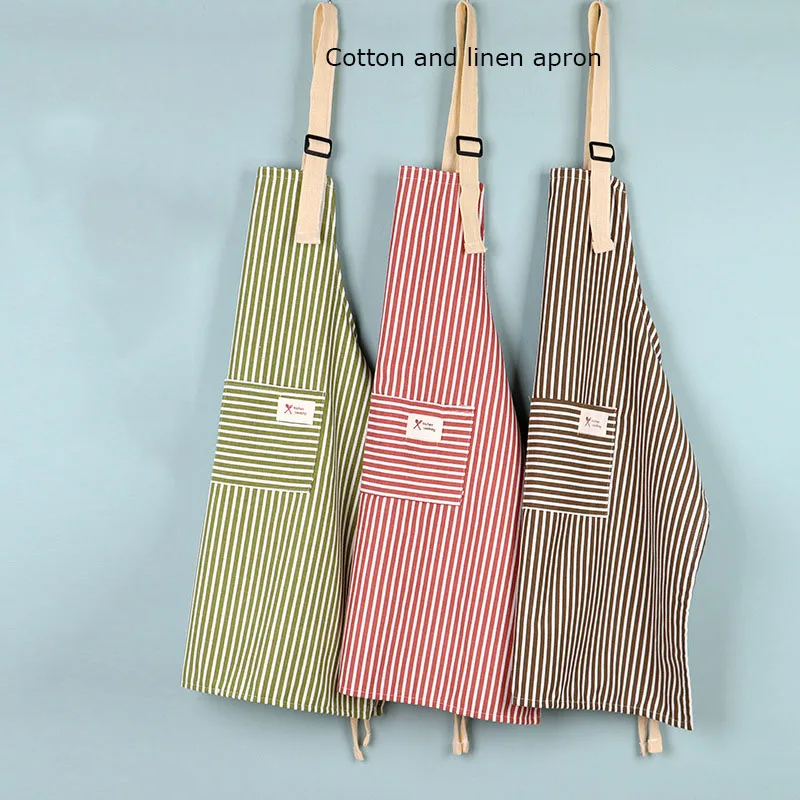 

Kitchen Apron Fashionable Linen Striped Aprons For Restaurant Work Chef Waiter Adjustable Size Household Kitchen Cleaning Apron