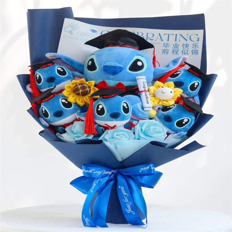 Cartoon Bouquet Stitch Plush Doll Rose Soap Flower With Graduation Hats Creative Cute Handmade Valentine'S Day Graduation Gift