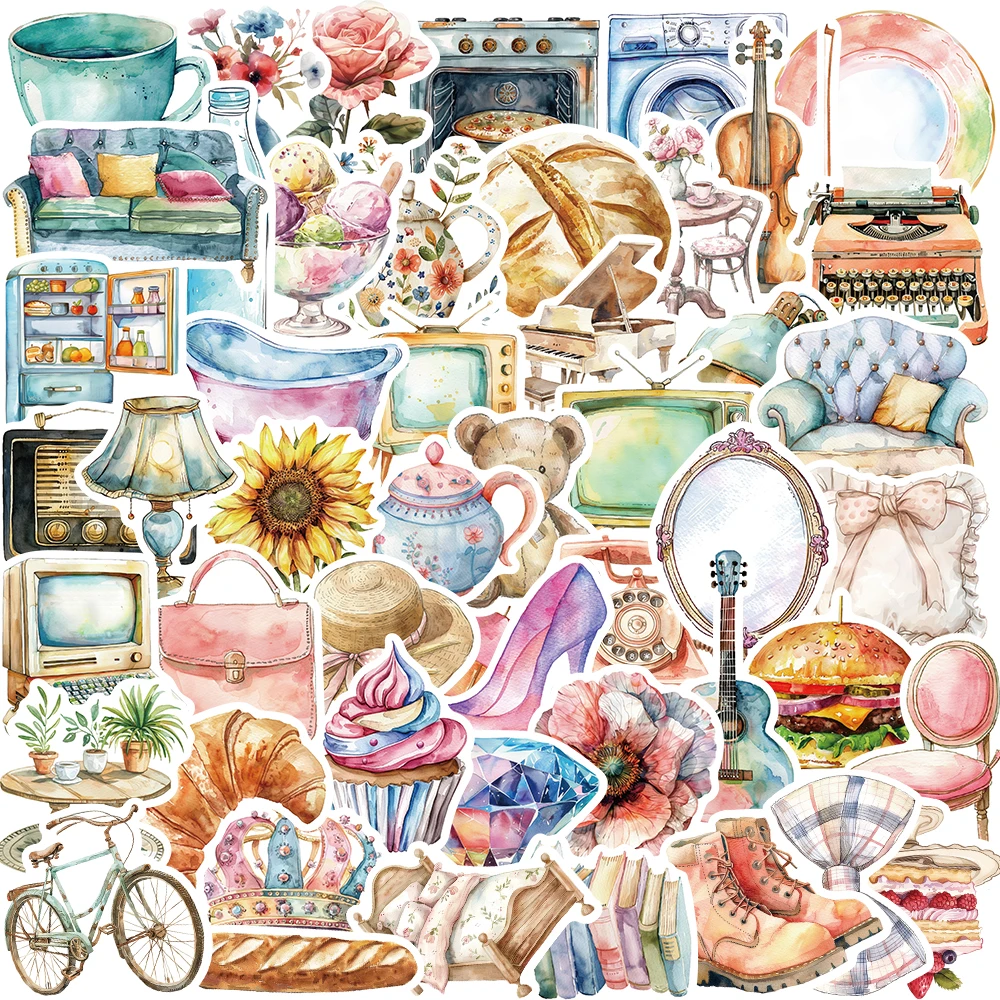 50PCS Watercolor Clip Art Stickers PVC Sticker Aesthetic Colorful Decoration Scrapbooking Stationery School Supplies for Kids