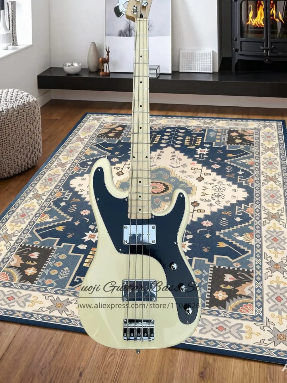 4 string cream color guitar, fixed bass bridge, solid wood body, maple neck, large soapbar pickup, black plate