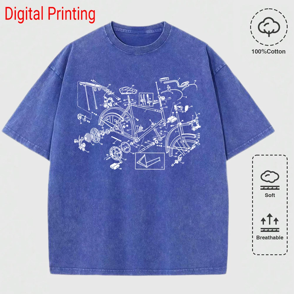 Deconstruction Diagram Of Mountain Bike Digital Print Women Washed T Shirt Cotton Loose T-Shirt Summer All-Match Short Sleeve