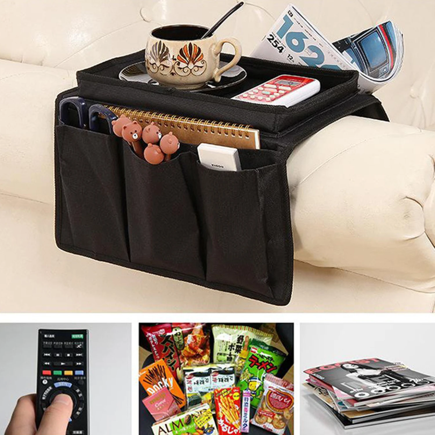 Armrest Organizer for Sofa/Couch with 4 Pockets, Cup Holder Tray - TV Control, Cellphone Bag - Armchair Hanging Organizer