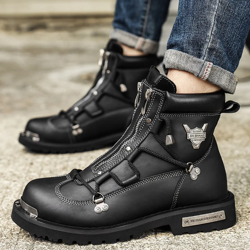 High Quality Men Snow Boots Metal Rivets Low Heel Trend Punk Rock Knight Boots Men's Leather Winter Cotton Shoes Motorcycle Boot