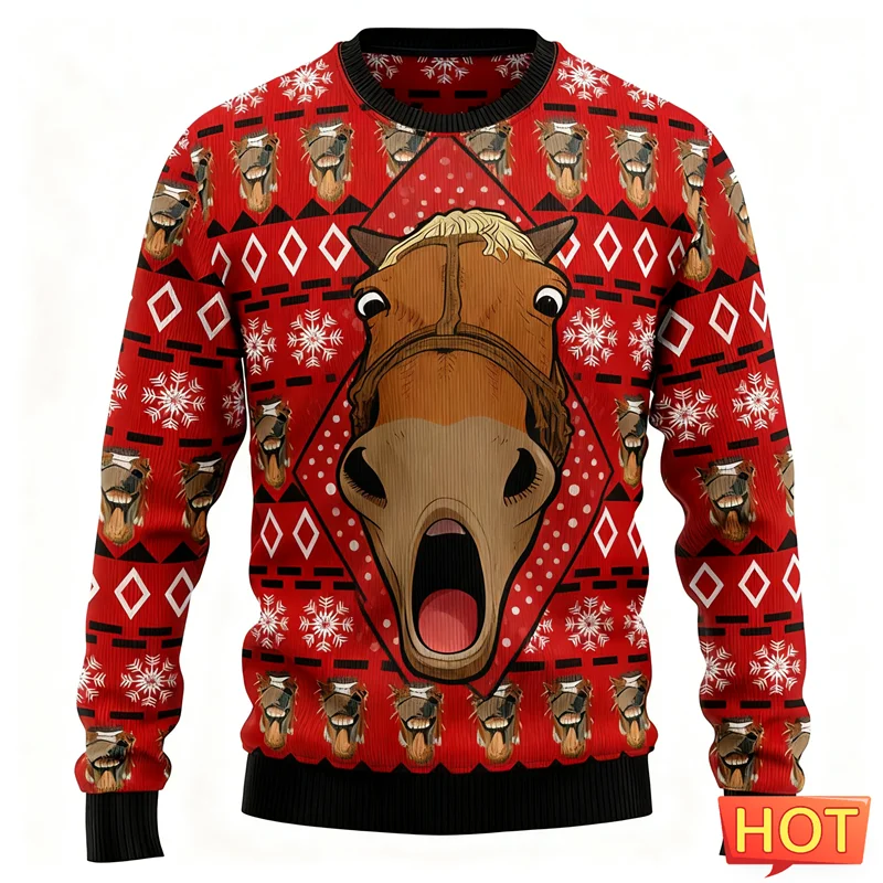 

Новинка 2026, забавные рождественские толстовки с рисунком лошади, модные рождественские толстовки с круглым вырезом и 3D принтом, повседневный пуловер большого размера