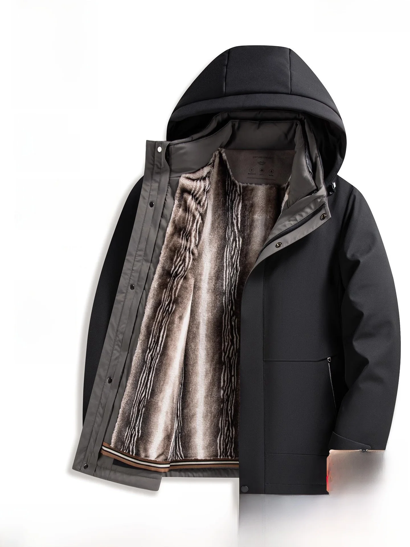 Lorpen Men's Mid-Length Goose down Jacket Thickened Fleece Lined Business Casual Style Windproof Zipper Closure Outdoor Coat