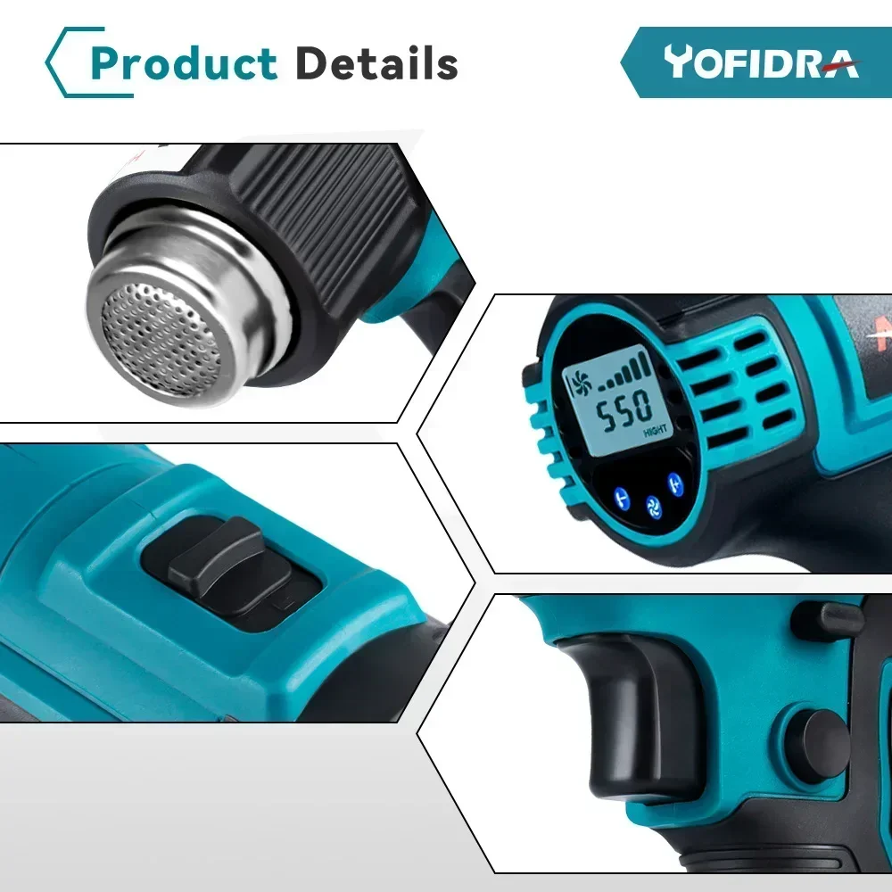 Yofidra 550℃ 2500W Heat Hot Air Gun 2 Gears Wind Speed 6 Gear Optional LED Display Cordless Heat Gun for makita 18V Battery