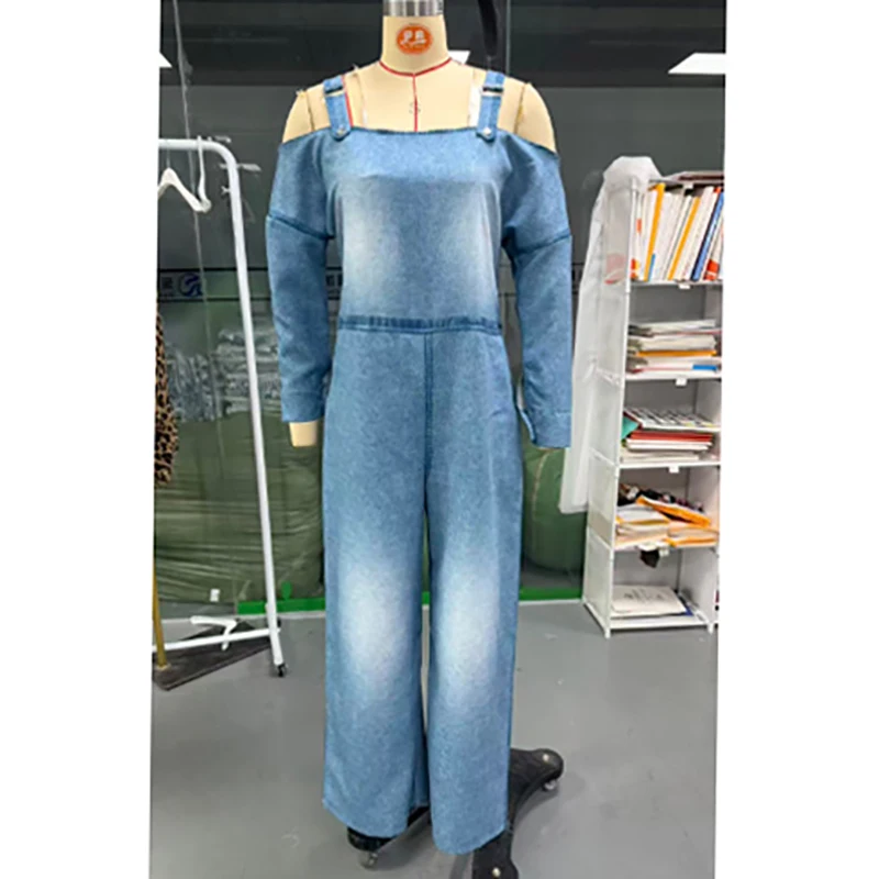 

Новый модный комбинезон для женщин: джинсовый, с длинным рукавом, цельный, с открытыми плечами, с карманами, весна-осень