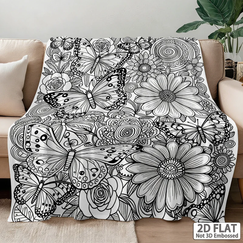 Bohemian Floral Butterfly Print Throw Blanket Picnic Cozy Decorative Fleece Throw Polyester Material for Couch Bed Living Room