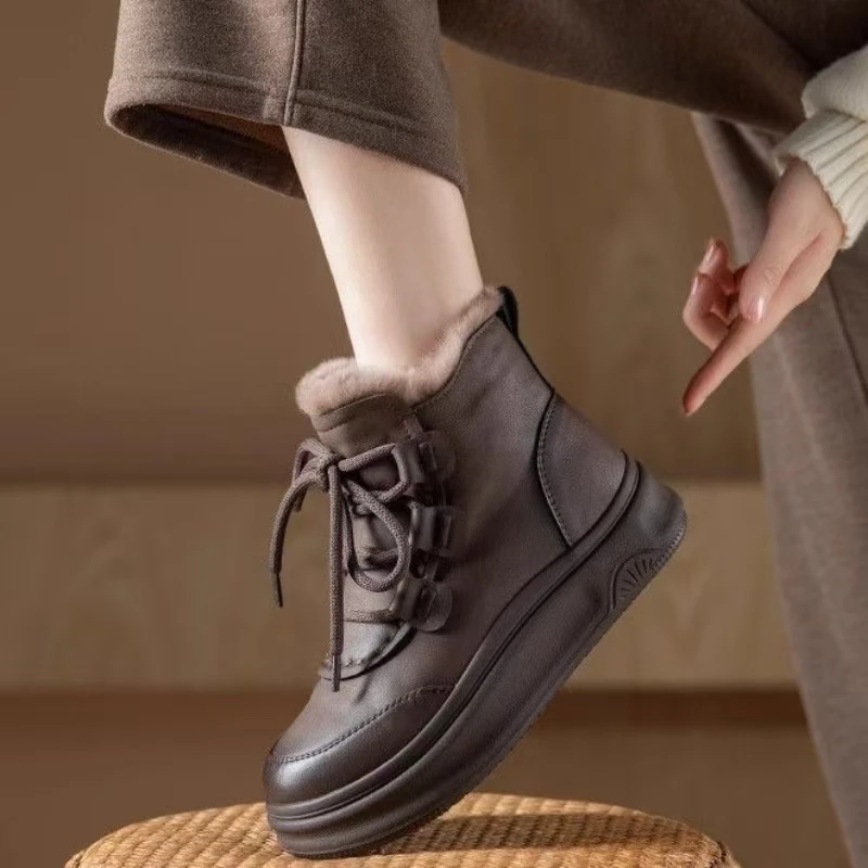 

Women Leather High Top Snow Boots Winter New Thick Sole Non slip Round Toe Lace Up Thicken Plush Keep Warm Ankle Cotton Boots