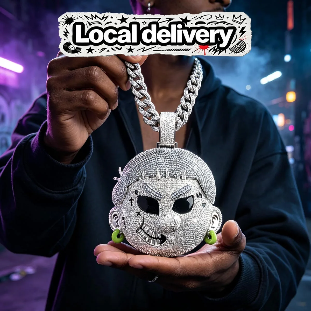 Hip Hop Pendant With Blue Hair Micro Paved Shiny CZ Stone 18K Gold Plated Necklace Charm Men Jewelry Accessory 3D Iced Out Cartoon Character Face Perfect Birthday Christmas Gift For Boyfriend Friends For Rap Music Lovers Street Wear Daily Party Gathering