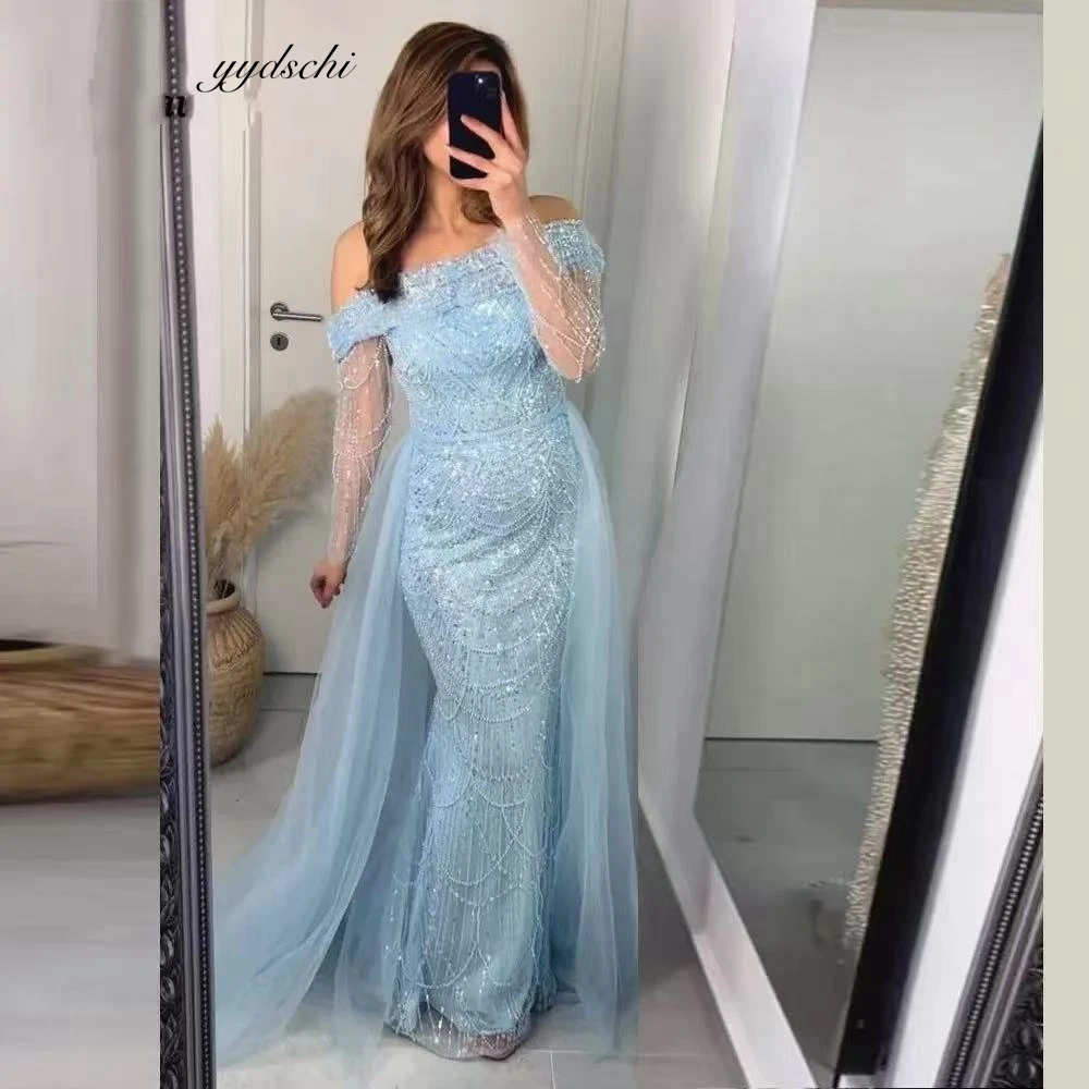 

Customized Cocktail Dresses 2025 Blue Evening Dresses Crystal Beading High Slit Shiny Mermaid Sexy Pleated Wedding Party Dress