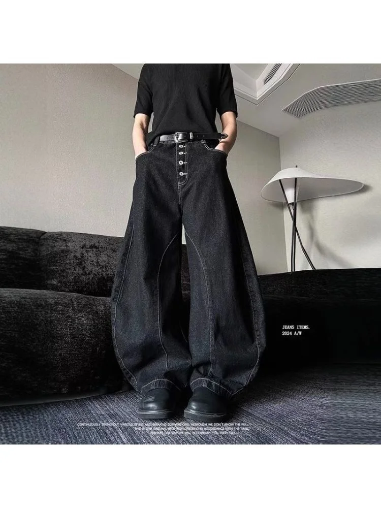 Calças Jeans Pretas de Estilo Casual Retro Americano Plus Size com Corte Reto e Perna Larga para Homens e Mulheres