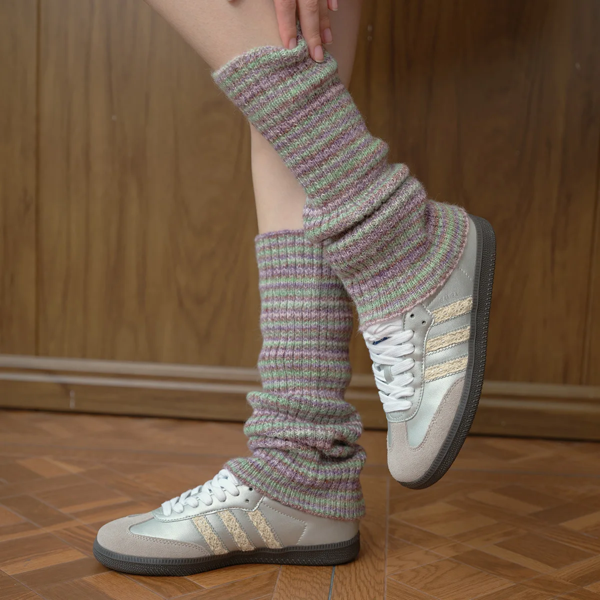 Vintage Wool Blend Knit Leg Warmers for Women Striped Gradient Y2K Style Slouch Socks Fashion Layering
