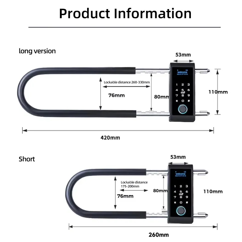 Smart Electronic U-Lock with App Fingerprint & Combination Password Security for Glass Door Tuya Compatible