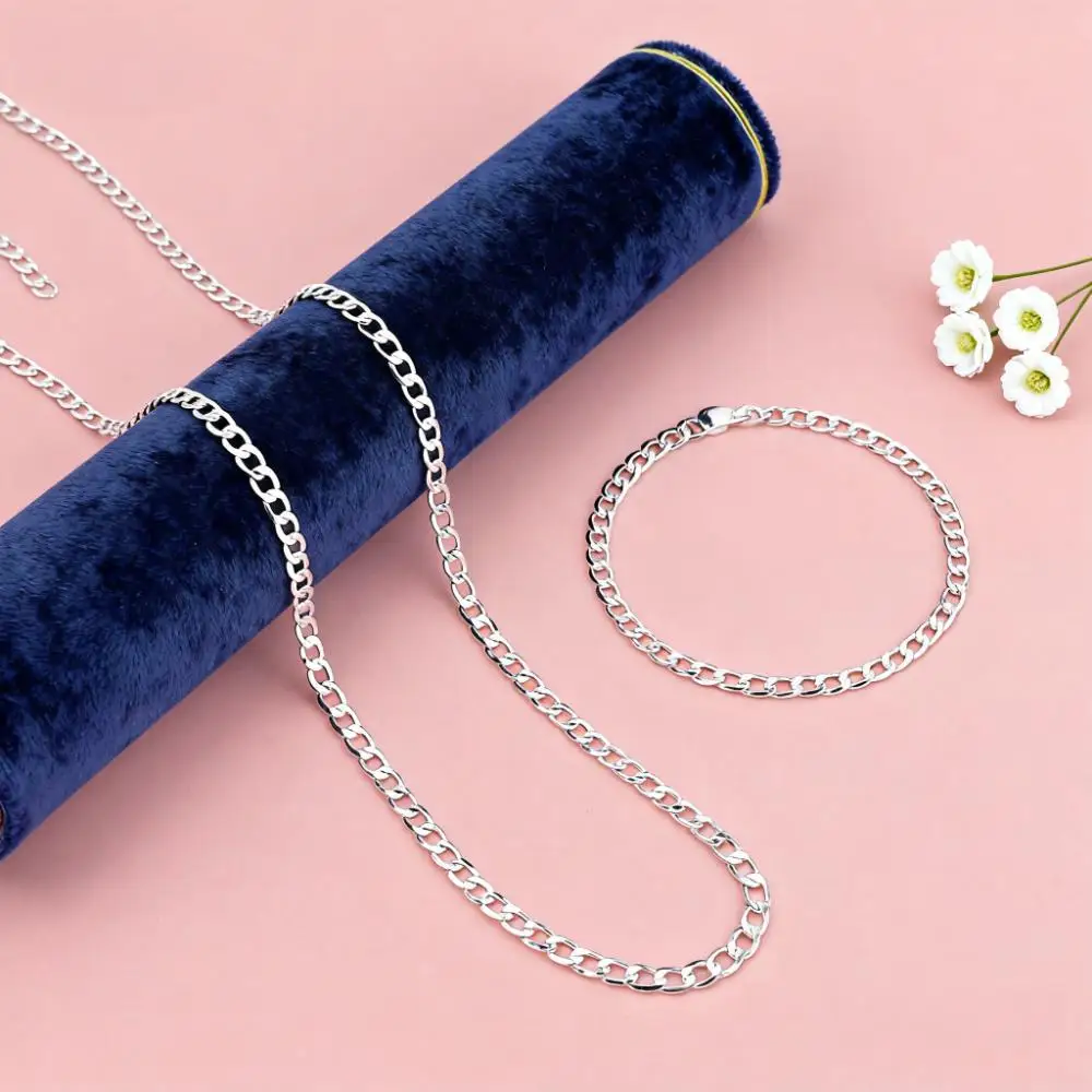 

New Fashion 925 Sterling Silver Unique 4MM Flat Sideways Chain Bracelets Necklaces Jewelry Sets For Women Party Wedding Gifts
