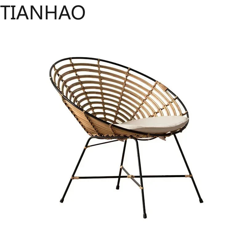 Modern Handmade Rattan Living Room Chair - Minimalist Wrought Iron Frame, Leisure Round Design, Natural Wicker Armchair