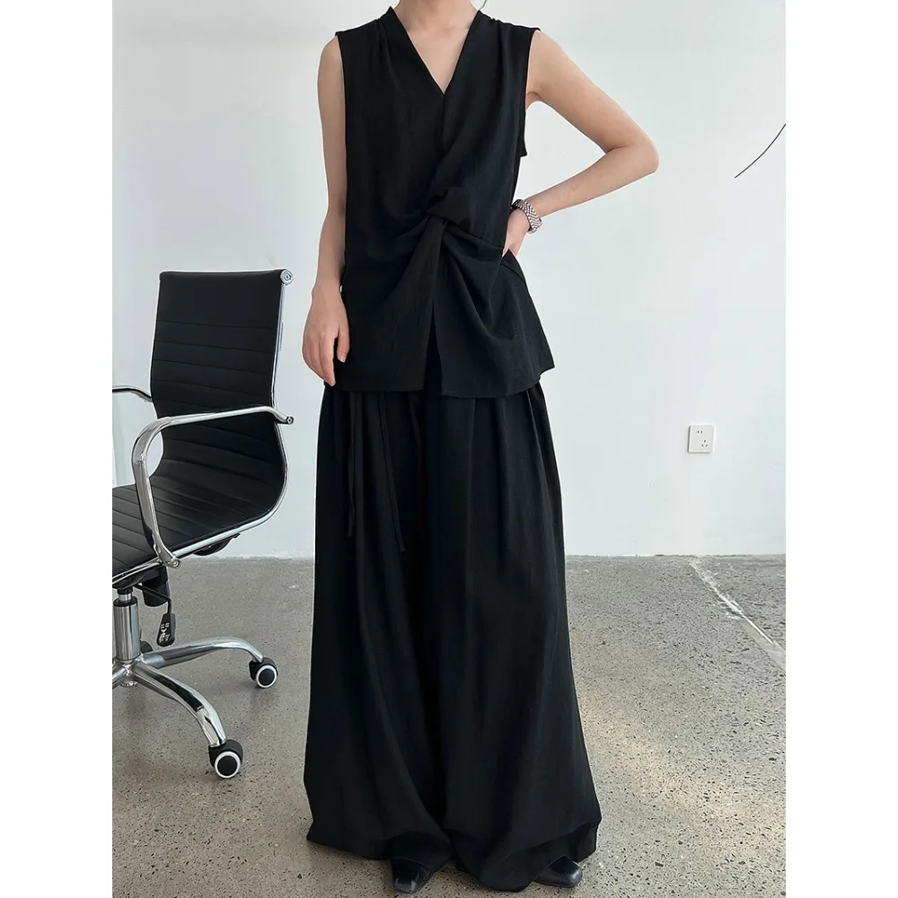 

summer two piece sets womens outifits Linen black women's sleeveless vest, V-neck twisted shirt, casual wide leg pants suit,