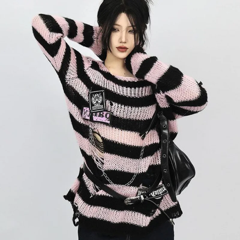 Gothic Striped Sweaters Spring Autumn Women Punk Sweater Y2K Harajuku Hollow Out Hole Broken Jumper Loose Pullovers Streetwear