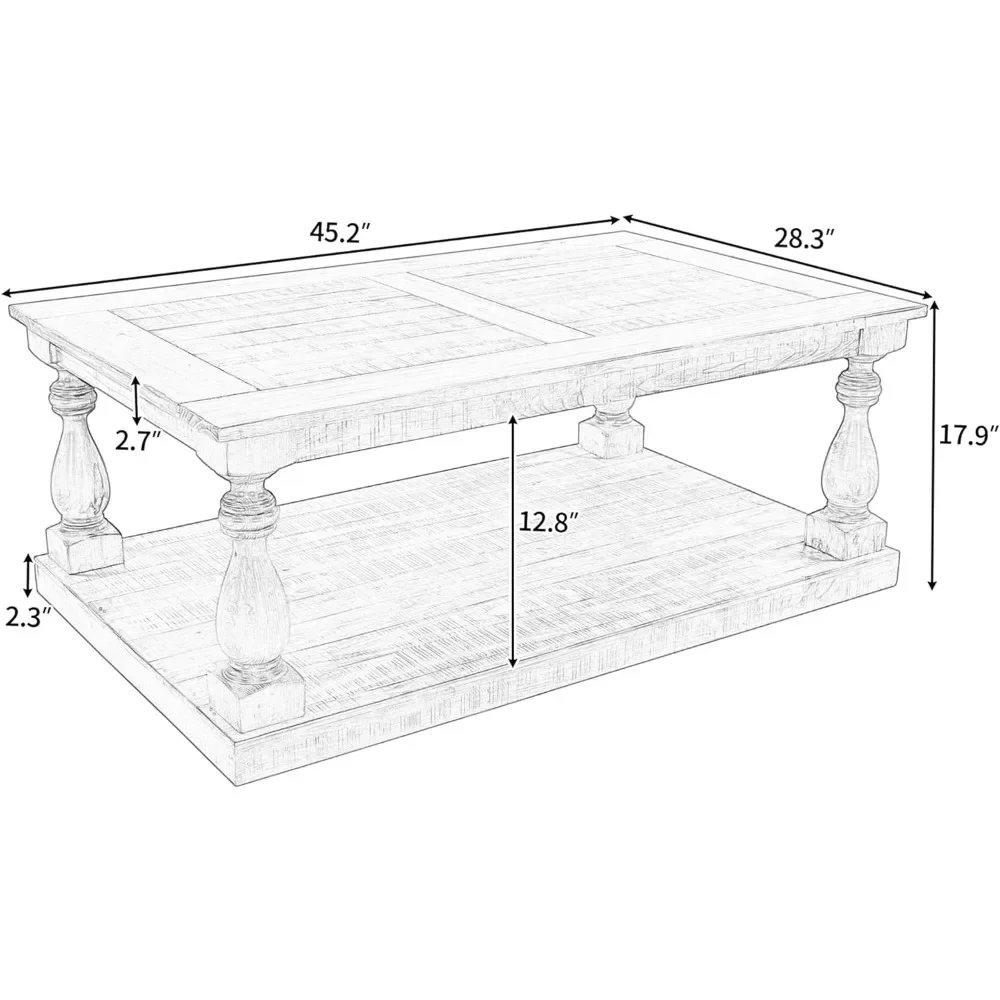 Farmhouse Coffee Table Cocktail Table with Floor Shelves Storage Rack, Vintage Solid Pine , Thickened Reinforced Rectangular