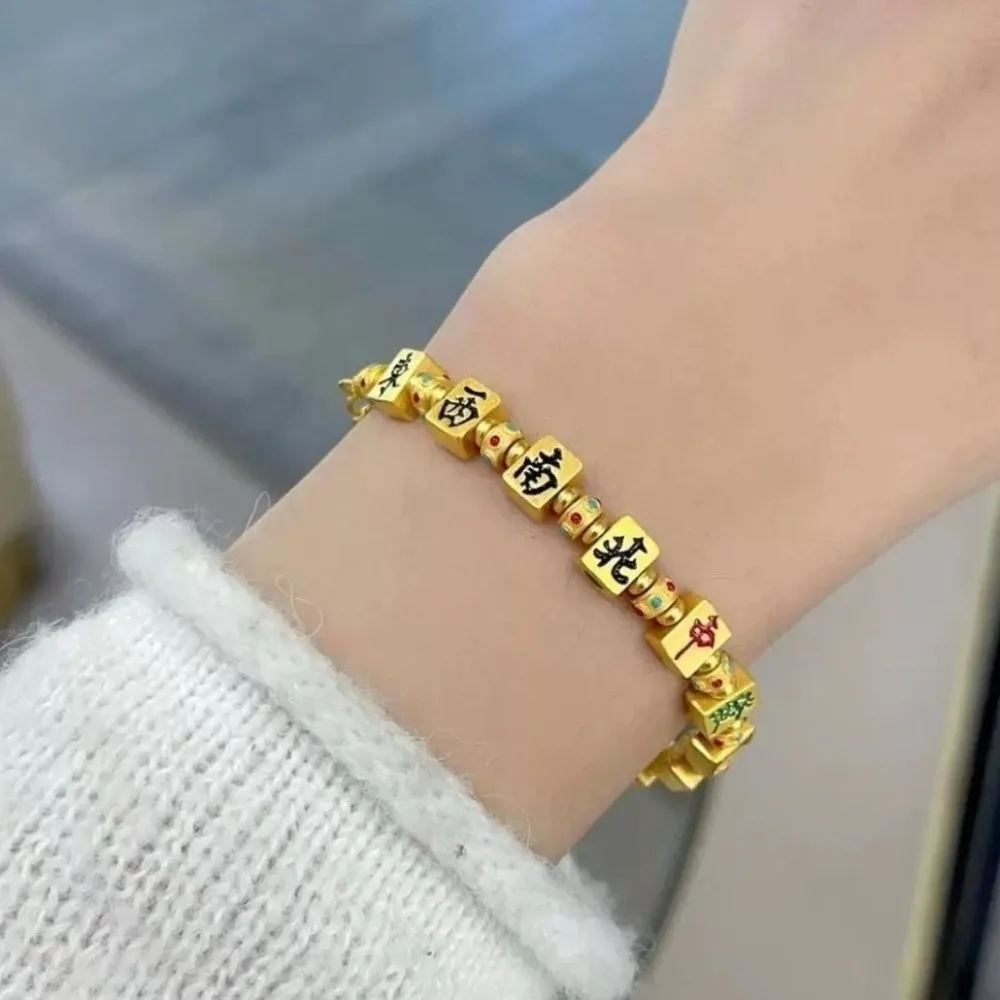 

Chinese Character Mahjong Beads Bracelets Hand Jewelry DIY Charm Golden Mahjong Bracelet Adjustable Hand Chain