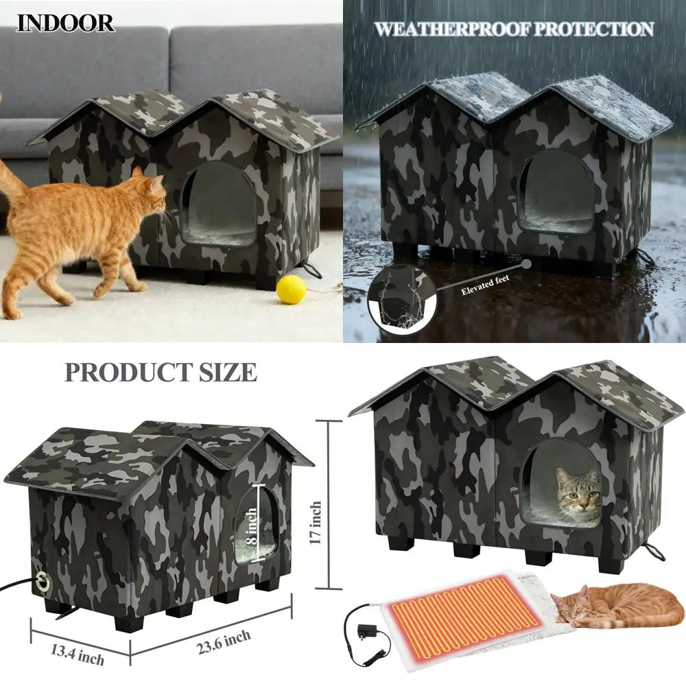 

Green Large Insulated Elevated Outdoor Cat House with Heated Pad for Winter Protection
