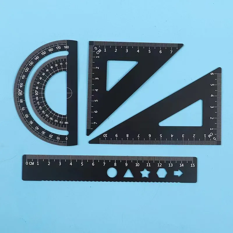 Aluminum Alloy Laser Engraved Ruler Set, 15cm Straight Ruler Triangle Protractor 4-Piece Geometry Set for Students