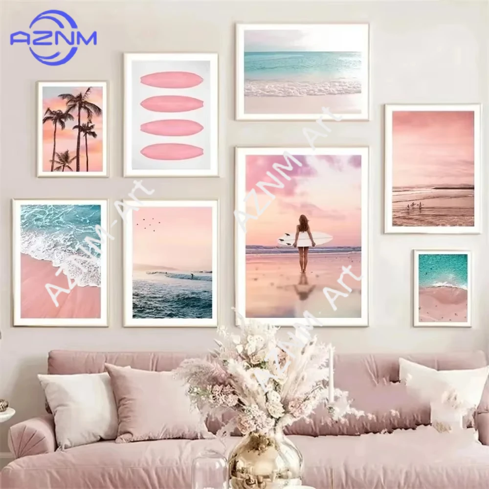 

1PC ，Pink Beach Ocean Artwork Poster Canvas Printing Surf Coconut Tree Nordic Wall Art Living Room Bedroom Home Decor