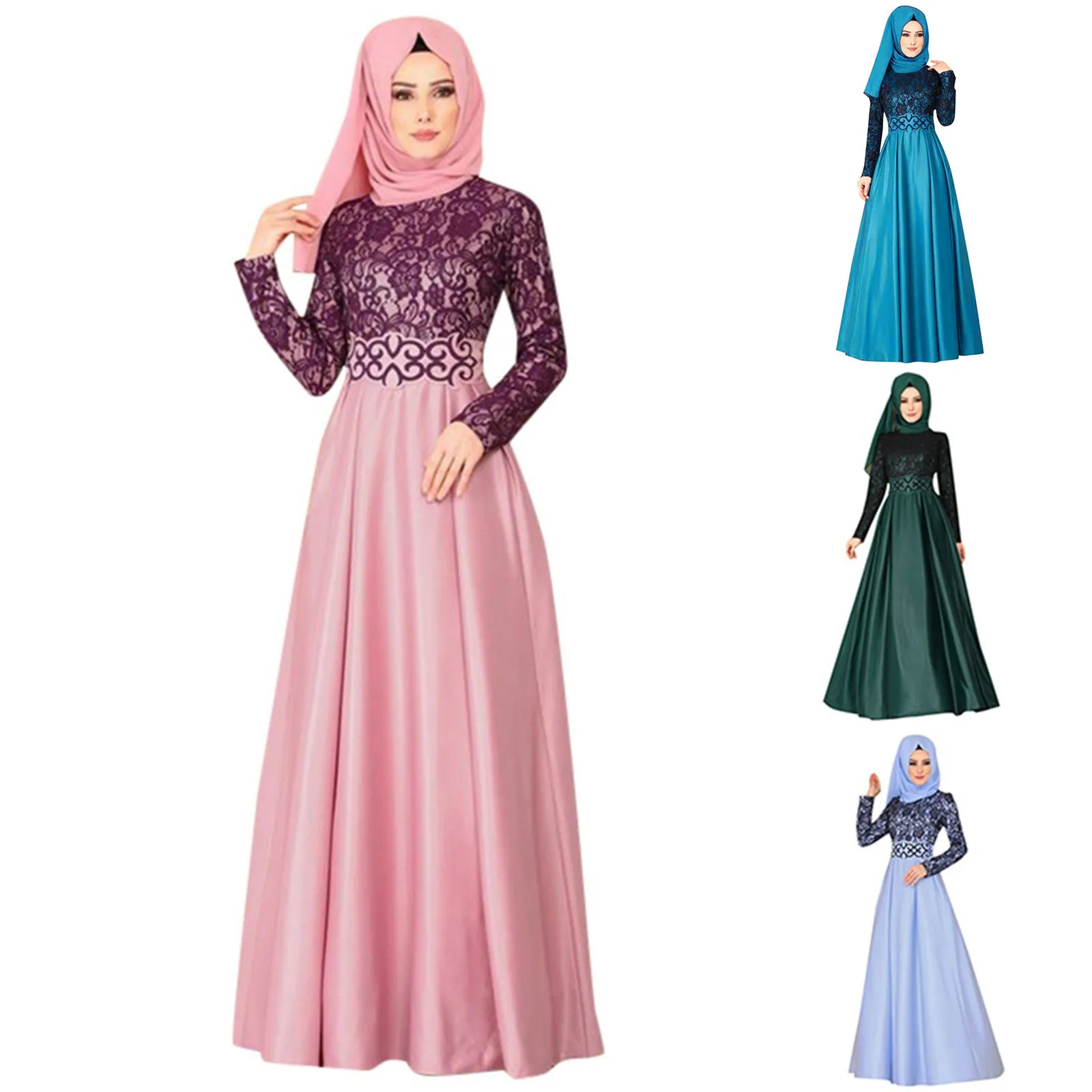 Ladies Lace Spliced Long Sleeved Middle Ethnic Style Muslim Robes Long Sleeve Large Swing Temperament Retro Long Dresses