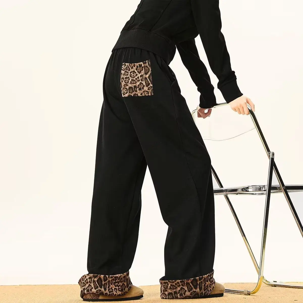 Women's Leopard Print Curled Edge Design Autumn Warm Sweatpants Spring Girl High Waisted Wide Leg Trousers Female Baggy Pants