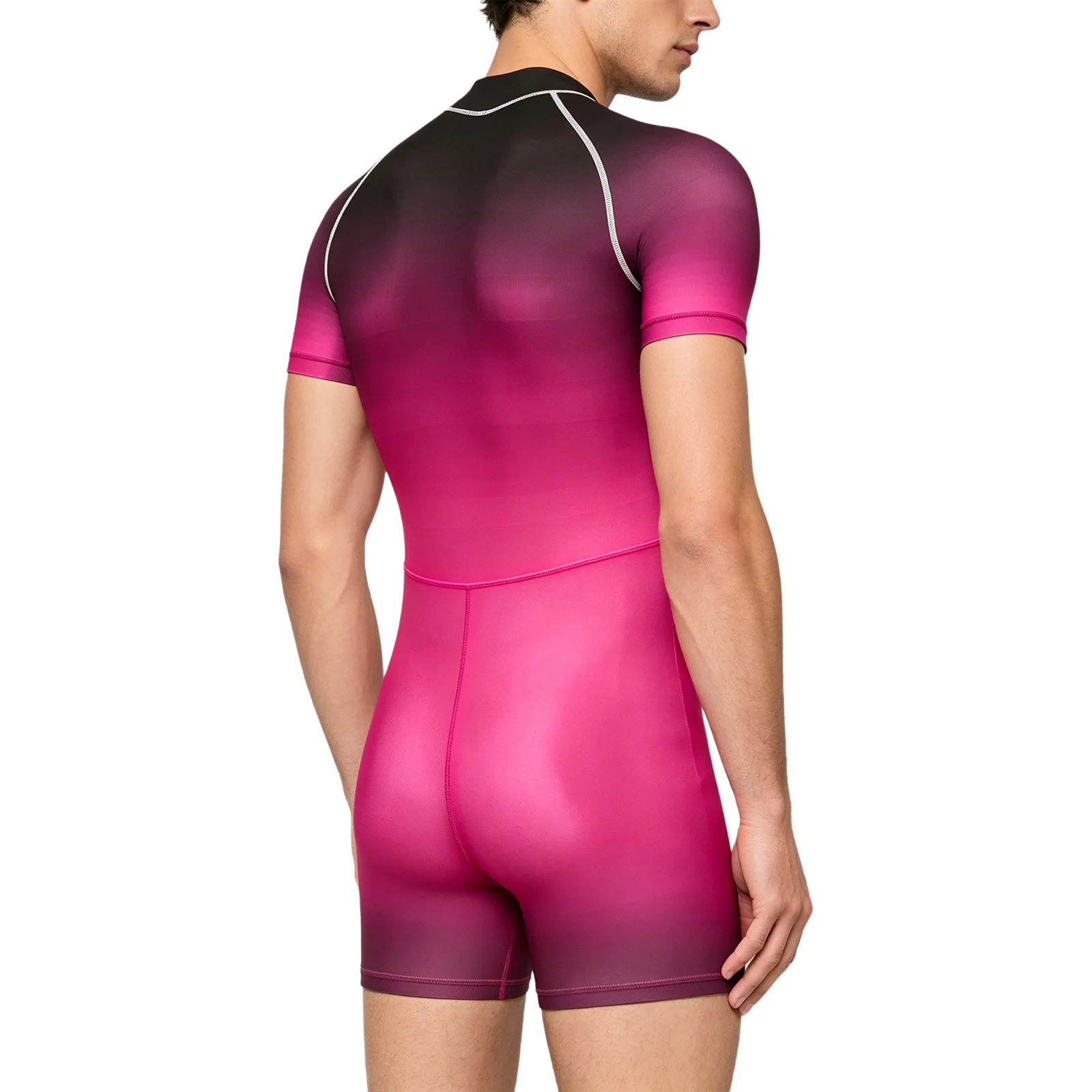 Mens Gradient Rash Guard Jumpsuit Swimsuit One Piece Wetsuit Swimwear Front Zipper Boyshorts Bodysuit UPF 50+ Bathing Suit