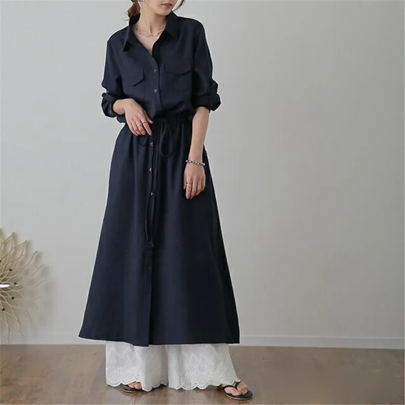 Women Dresses Single Breasted Button Turn Down Collar Long Sleeve Solid Color Loose Fit Casual Office Lady Belt Drawstring