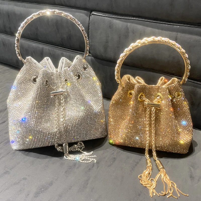 Bolso de mano con borla de diamantes para mujer, bolso de hombro de viaje, de cristal brillante monederos, monedero de cubo, moda de lujo, Boda