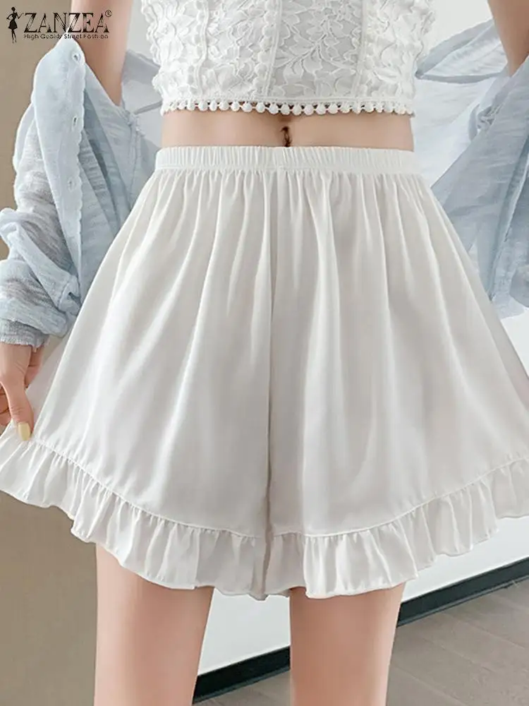 ZANZEA Summer White Ruffled Shorts Women Casual Loose Satin Shorts Elastic Waist Home Sleep Shorts Elegant Silk Hot Wear Pants