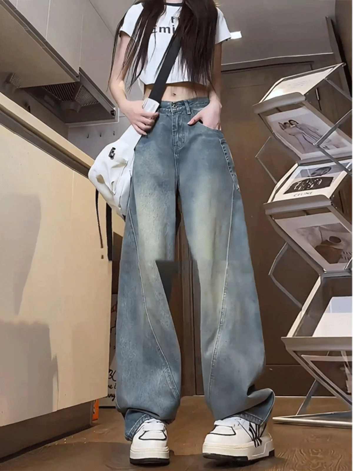 

Retro Blue Bell Bot Denim Jeans Women's Spring Autumn High Waist Slim Straight Wide Leg Pants American High Street Vibe